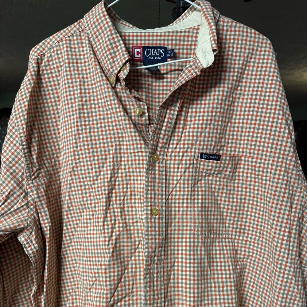 Chaps Men's Red and White Plaid Shirt